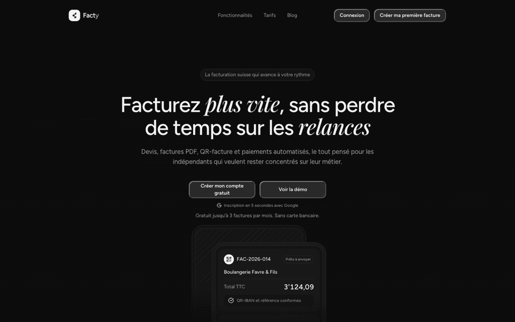 Page d’accueil de Facty, outil de facturation suisse pour indépendants : devis, factures PDF et QR-facture.